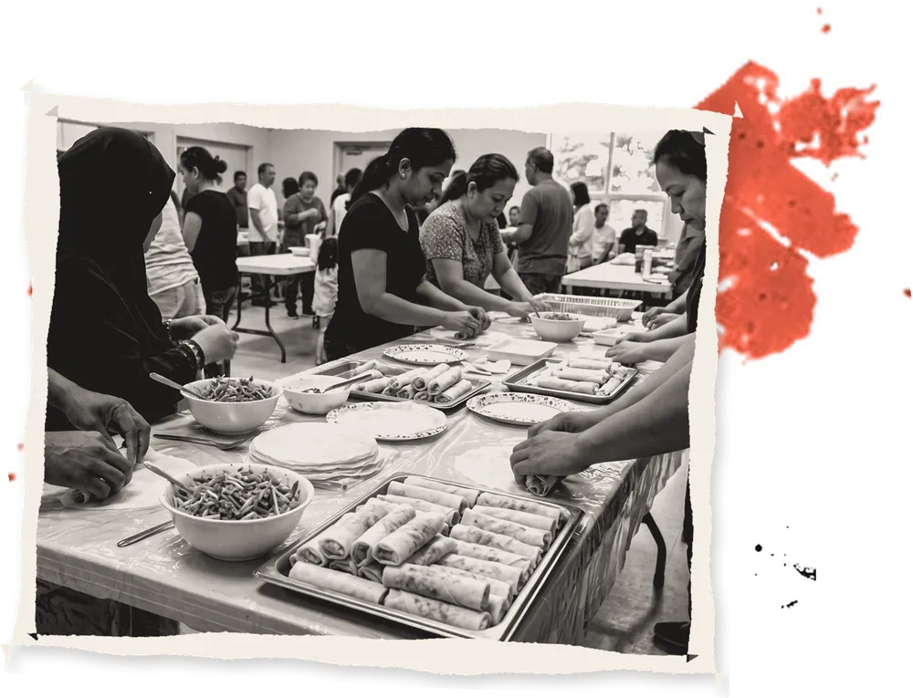 Hands rolling lumpia at a long table