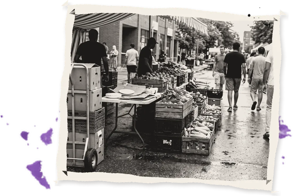 Crates of produce at a city market