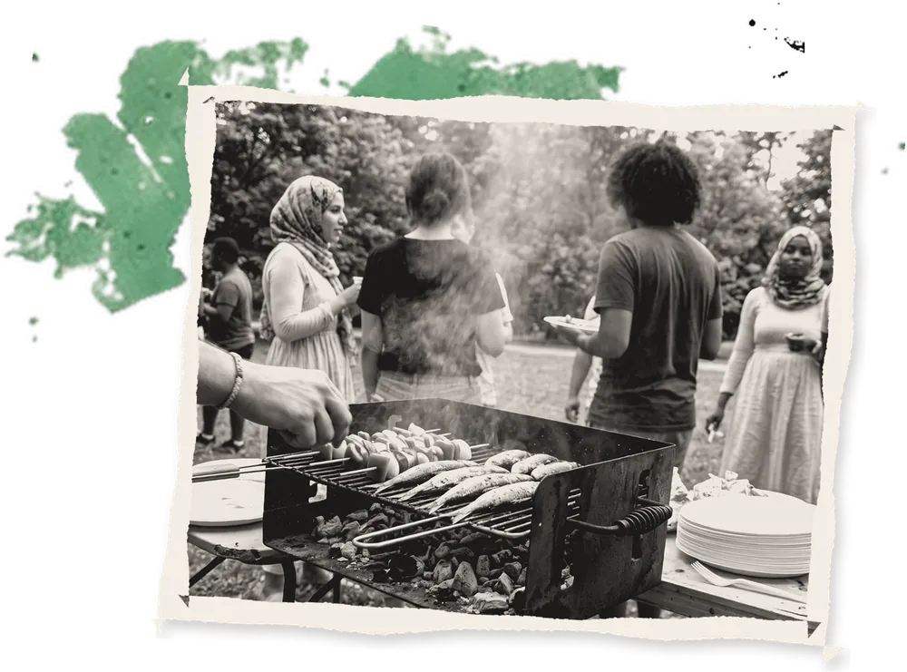 Sardines on a grill at an outdoor counter
