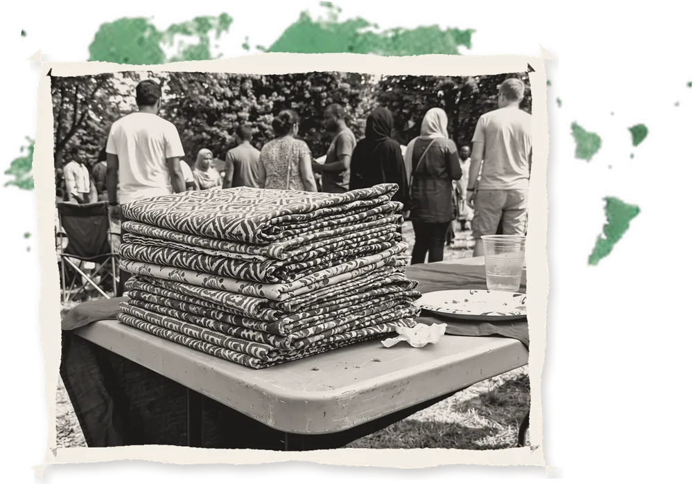Folded block-printed textiles on a table