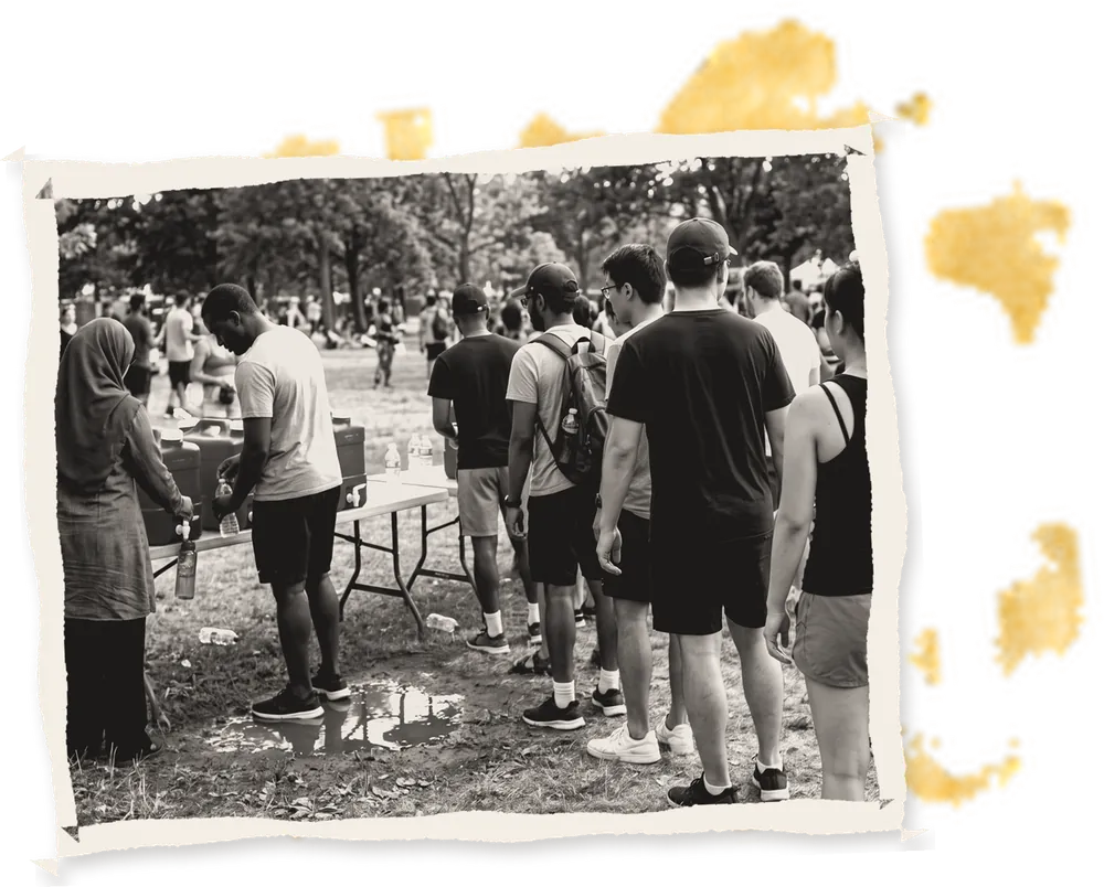 People queueing for water at a festival