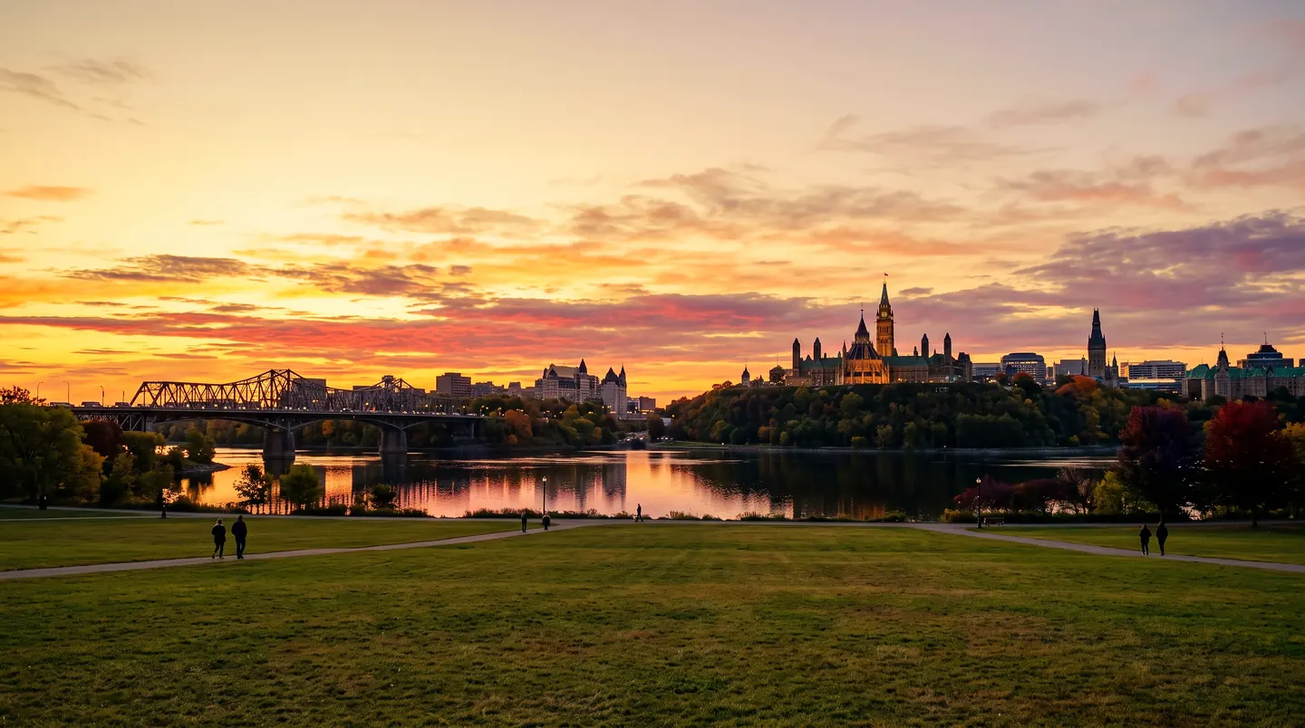 The Ottawa River at sunset across an open lawn, the Parliament buildings and a truss bridge silhouetted on the far bank under an orange and violet sky, a few people walking the paths.
