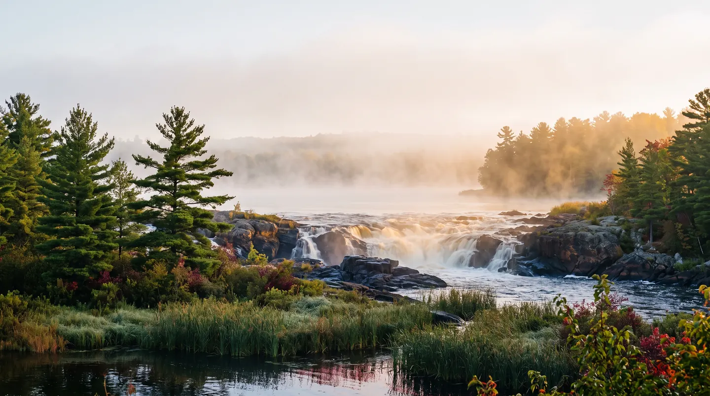 A river running over rock ledges in morning mist, white pine and spruce along both banks, reeds and low red-leaved shrubs in the foreground, still water at the near edge.