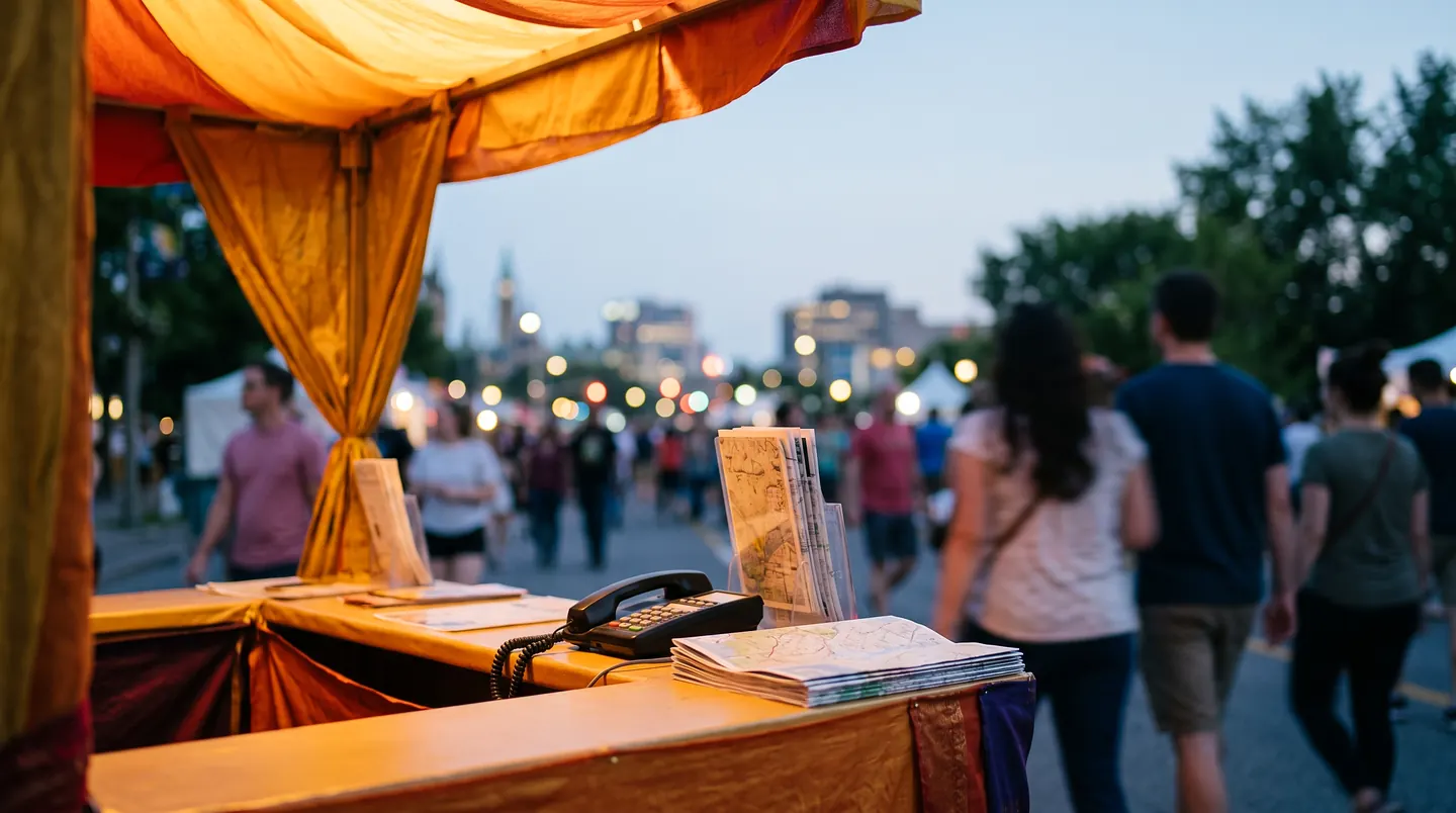 An information booth under a saffron-draped canopy at dusk with a corded telephone, stacks of leaflets and a folded plan on the counter, the crowd and blurred lights of the festival behind.