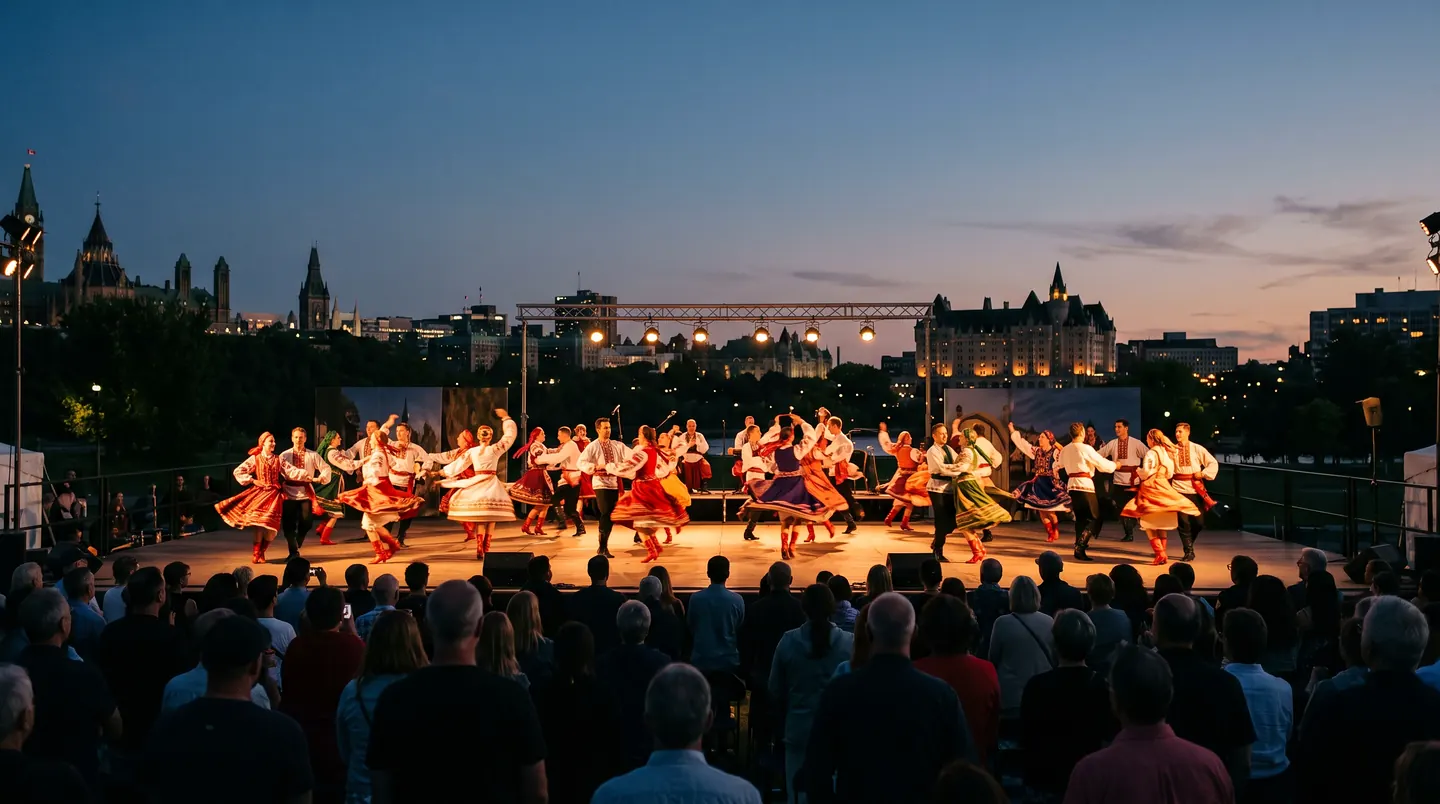 Dancers in embroidered costume mid-turn across a lit outdoor stage at dusk, the audience watching from the grass in front of them.