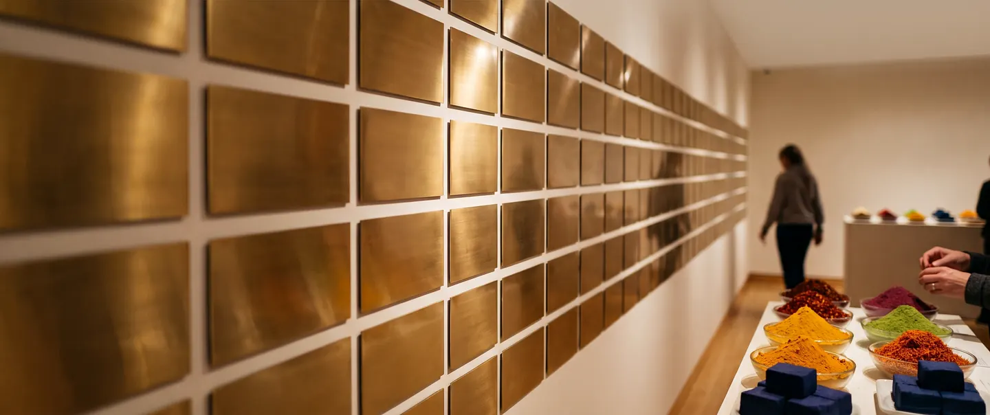 A long wall hung with rows of blank brass plaques receding down a gallery, a table of ground spices and indigo blocks in the light at the far end, two visitors walking past.