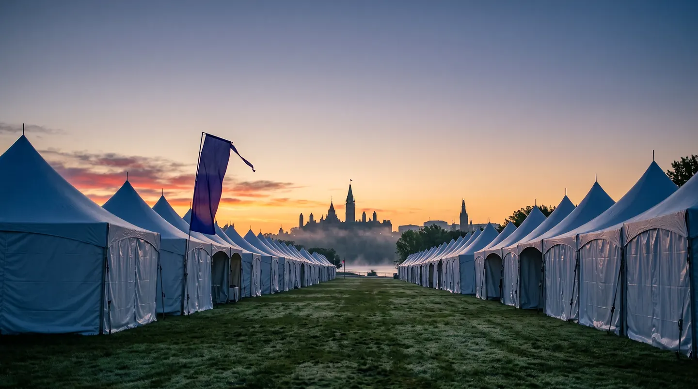 Two rows of empty white peaked tents facing each other down a grass avenue at dawn, a single indigo banner hanging still, mist over the river and the Parliament towers silhouetted at the end.