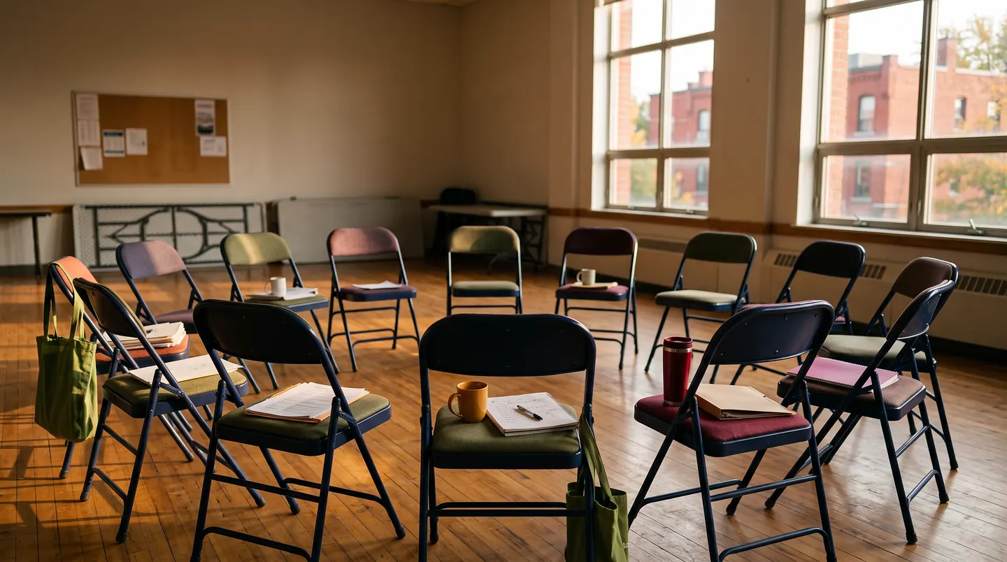 An empty community hall with folding chairs in a wide circle on a wooden floor, notebooks, papers and mugs left on the seats, tall windows onto a red brick street.