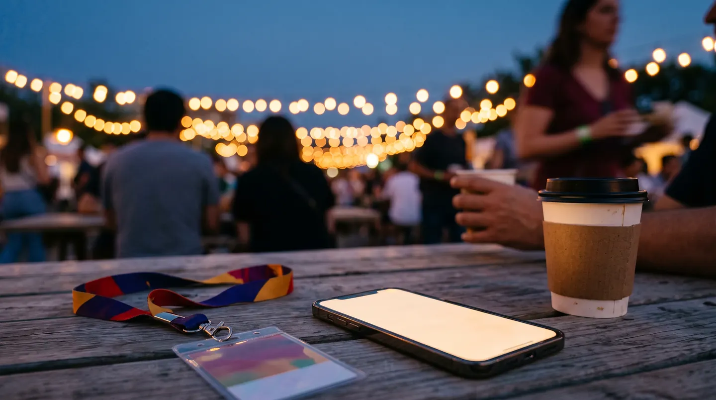 A wooden table at dusk with an accreditation pass on a striped lanyard, a phone lying face up and a paper coffee cup, strings of bulbs and a blurred crowd behind.