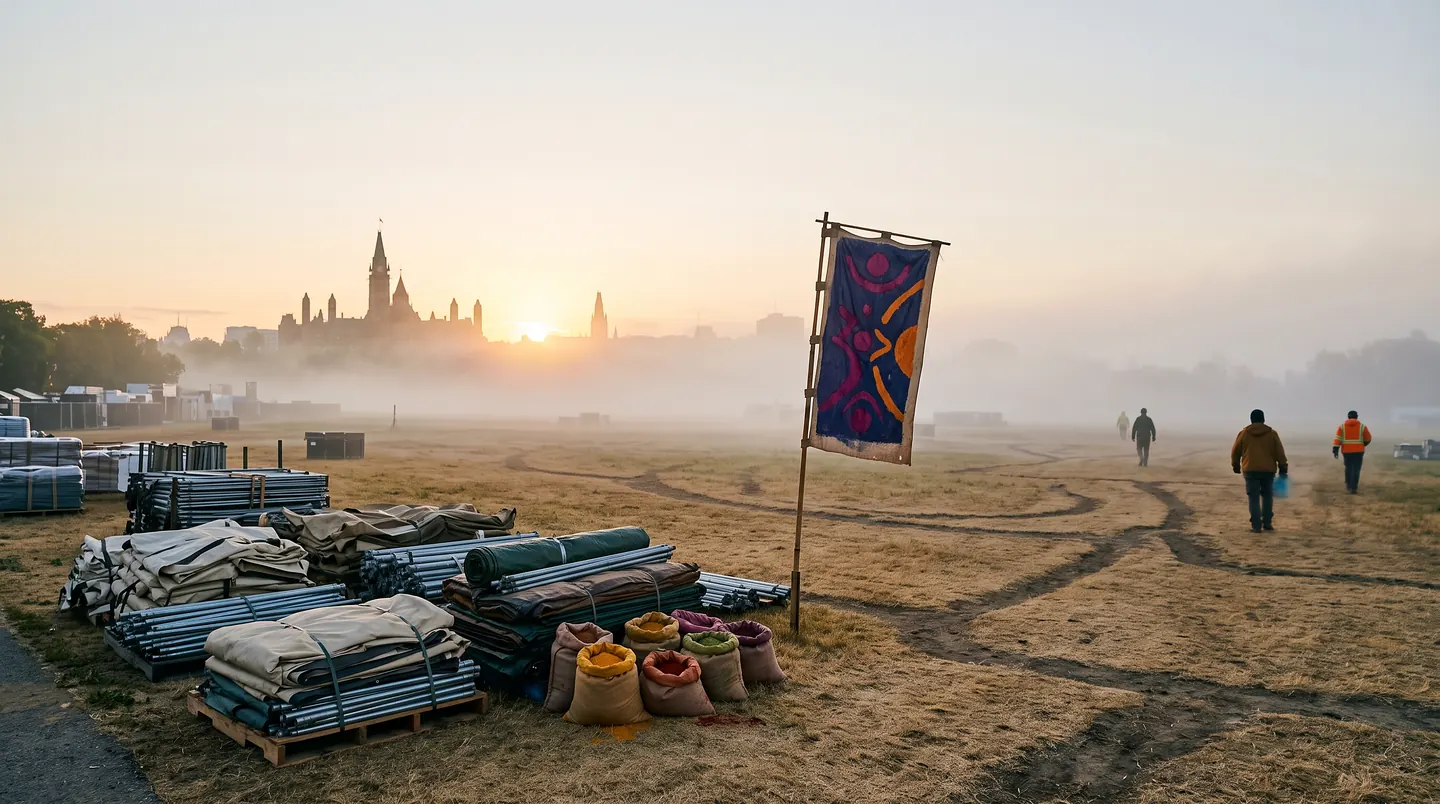 A field at sunrise in ground mist with the Parliament silhouette behind it: stacks of folded canvas, bundled tent poles and pallets in the foreground, hessian sacks of coloured pigment, a patterned banner on a pole and crew walking out across the tracks in the grass.