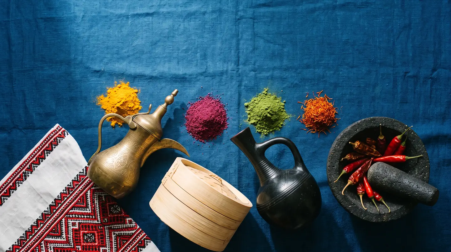 An overhead arrangement on indigo linen: heaps of turmeric, sumac, matcha and saffron between a brass coffee pot, a stacked bamboo steamer, a black clay jug, a stone mortar of dried chillies and a folded red-embroidered cloth.