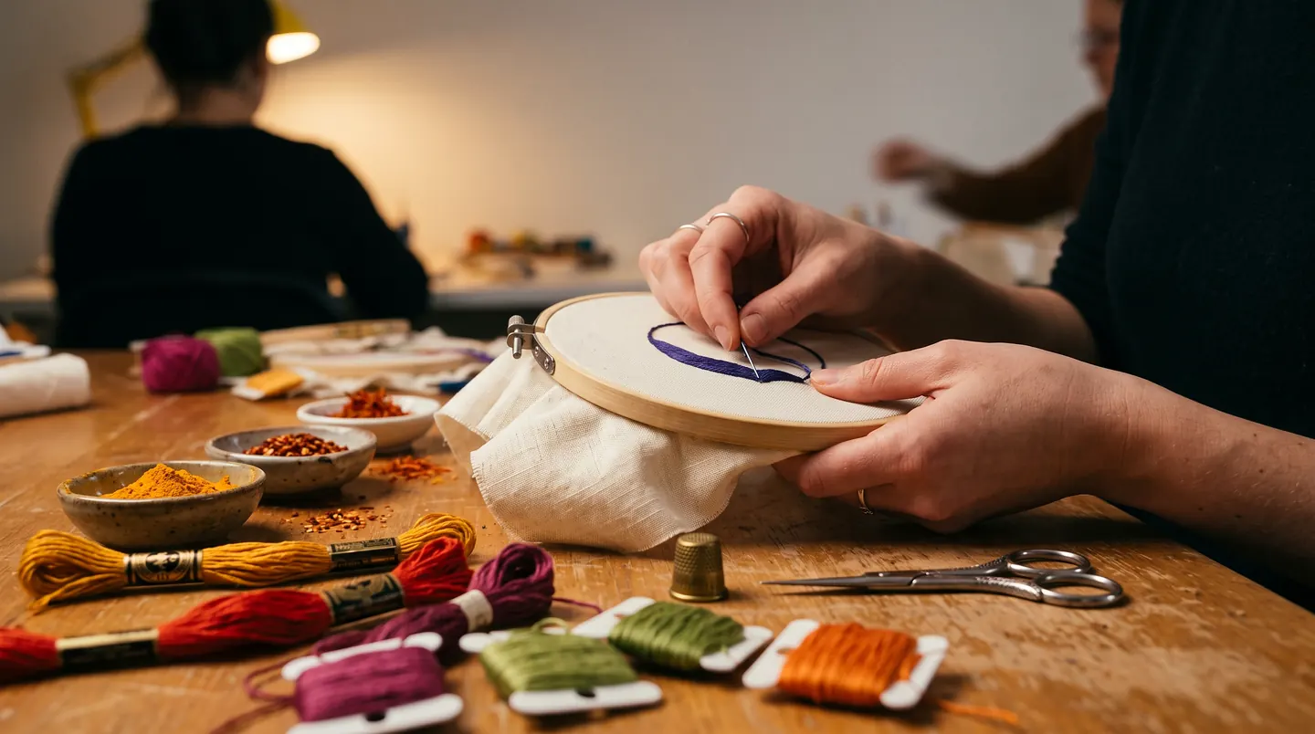 Hands holding an embroidery hoop with a purple stitch half finished, skeins of pink, red, green and orange thread, small dishes of turmeric and chilli and a pair of scissors across the workbench, others working in the background.