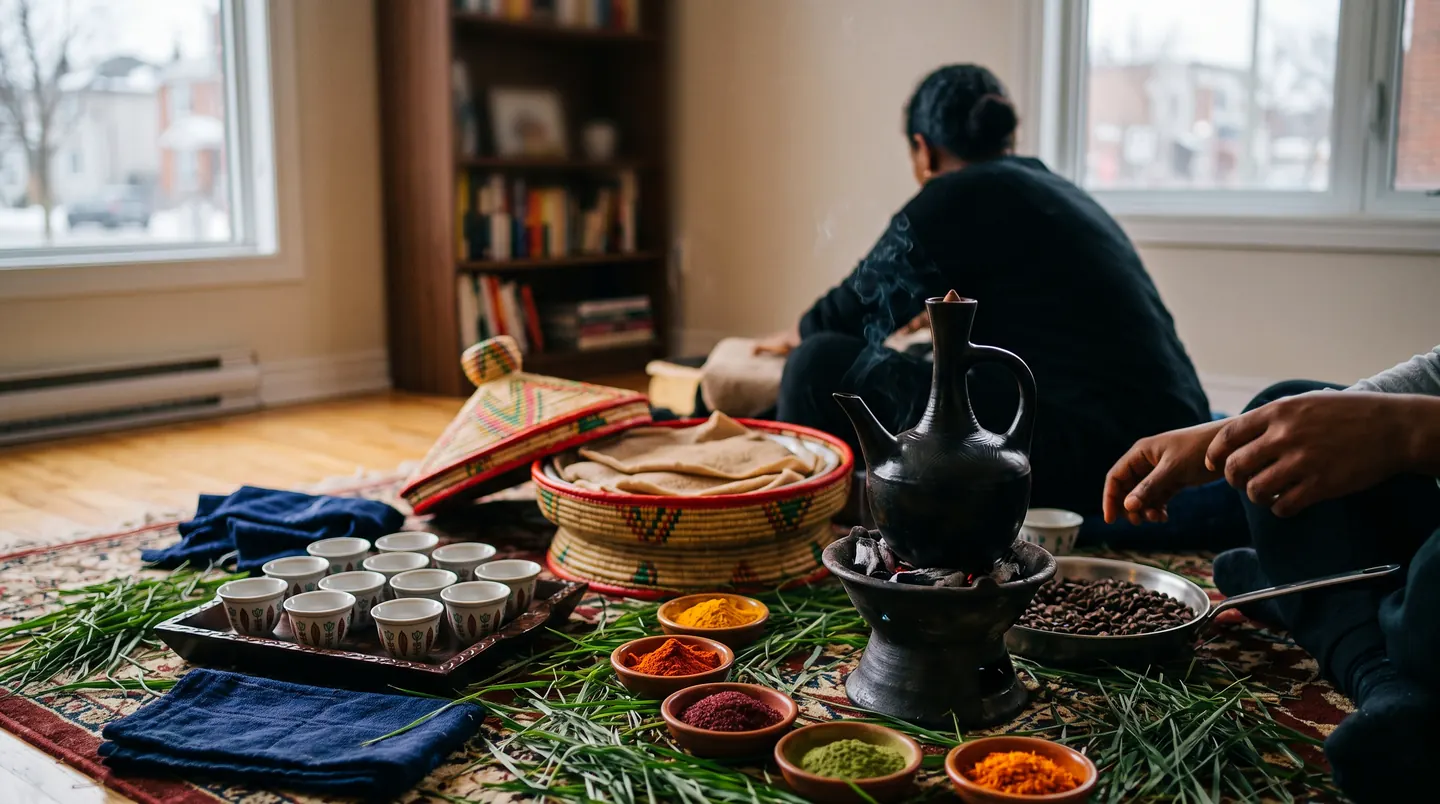 A woven basket of injera and a charcoal brazier with a dark clay coffee pot set out on a rug, small cups on a tray, dishes of turmeric, chilli, sumac and matcha and a scatter of fresh grass around them, two people sitting out of focus by the window.