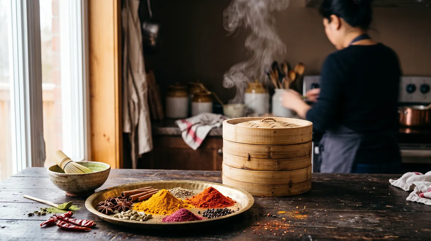 A brass tray of turmeric, chilli, sumac and whole spices beside a stacked bamboo steamer venting steam on a dark wooden table, a bowl of matcha with a bamboo whisk, and a cook working at the stove behind.