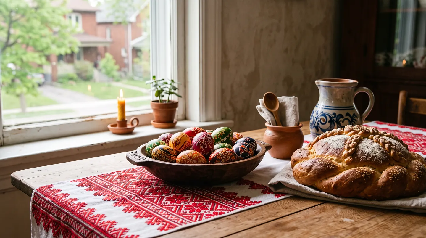 A kitchen table by a window under a red-and-white woven runner, a wooden bowl of painted eggs, a braided loaf on a cloth, a blue-and-white glazed jug and wooden spoons standing in a clay pot.