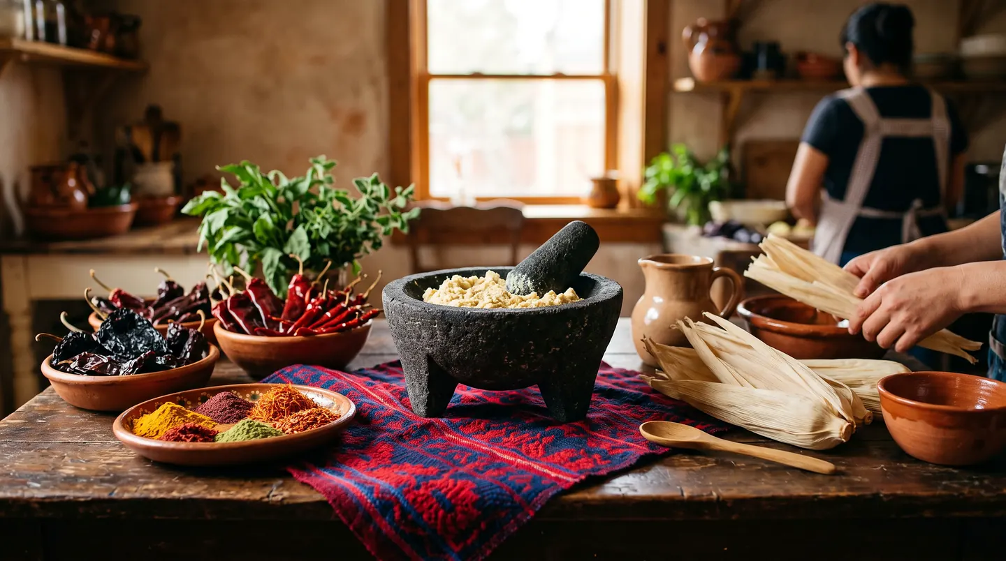 A stone mortar of masa on a red-and-blue woven cloth, clay dishes of dried chillies and ground spices, fresh herbs in a bowl, dried corn husks stacked to the right and someone working at the counter behind.