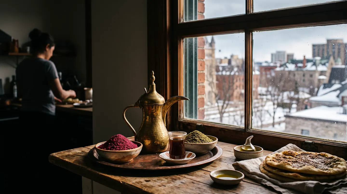 A brass coffee pot and a glass of tea on a round tray at a tall window, bowls of sumac and za'atar, a dish of olive oil and flatbread on a cloth, snow on the roofs outside.