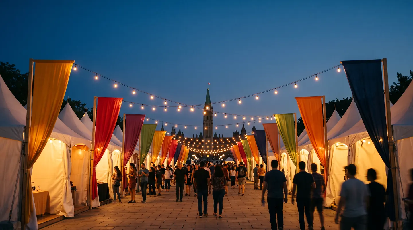 The pavilion avenue at blue hour, canvas walls tied back in yellow, red, green and indigo, strings of bulbs strung between the tents and the Peace Tower lit at the end of the walk.