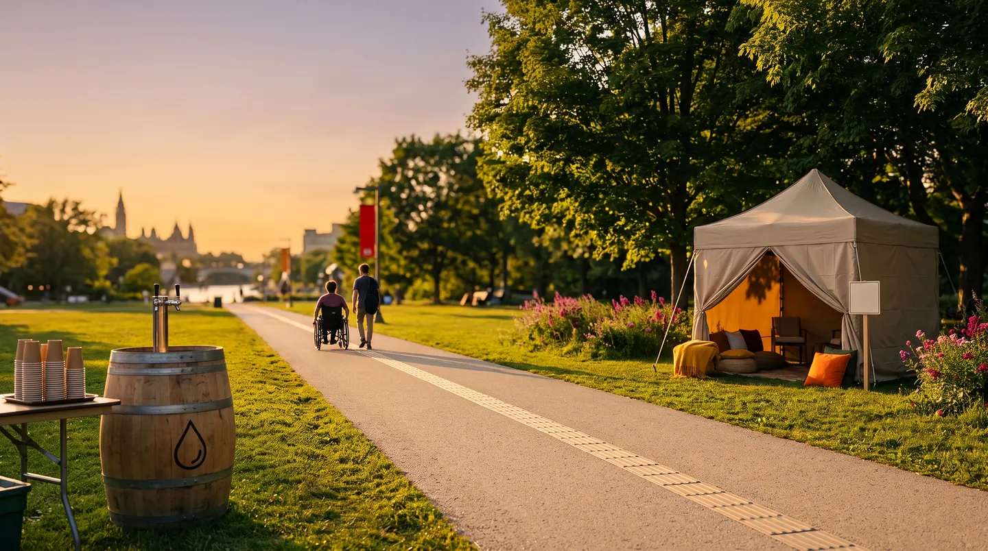 A wide paved path through a park at sunset with a tactile strip down the centre, a person pushing another in a wheelchair, a water station with stacked cups on a barrel, and an open-sided rest tent with cushions under the trees.