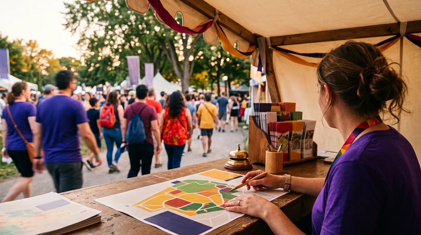 An information counter under a canvas tent, a volunteer leaning over a printed colour site plan with a pencil, a brass call bell and a rack of leaflets beside her, the crowd moving past out of focus.