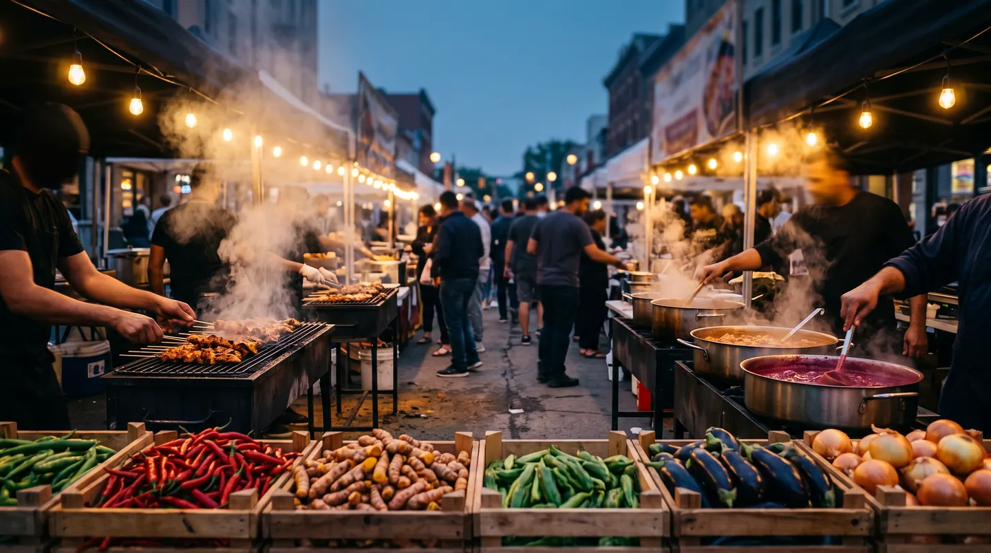 Two facing rows of food stalls at dusk, skewers over a charcoal grill and a deep pot being stirred, crates of chillies and aubergines along the front.