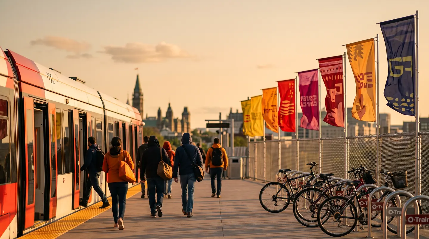 Tall banners standing along the boardwalk beside the light-rail platform, passengers walking towards the park past a rack of share bicycles.