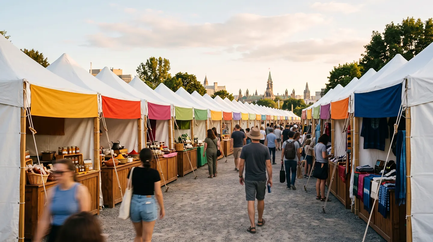 A long row of open-fronted market tents in low evening sun, each under a different coloured awning, goods laid out on wooden counters, visitors walking the gravel lane with the Parliament roofline behind the trees.