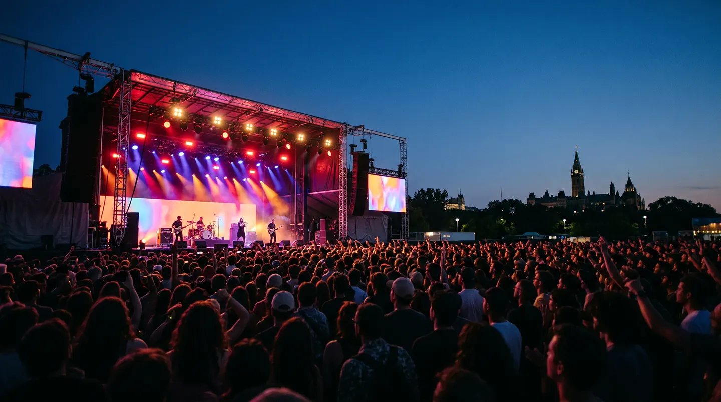 A crowd filling a field in front of a lit outdoor stage at dusk, hands in the air, side screens glowing, the Parliament towers on the skyline to the right.