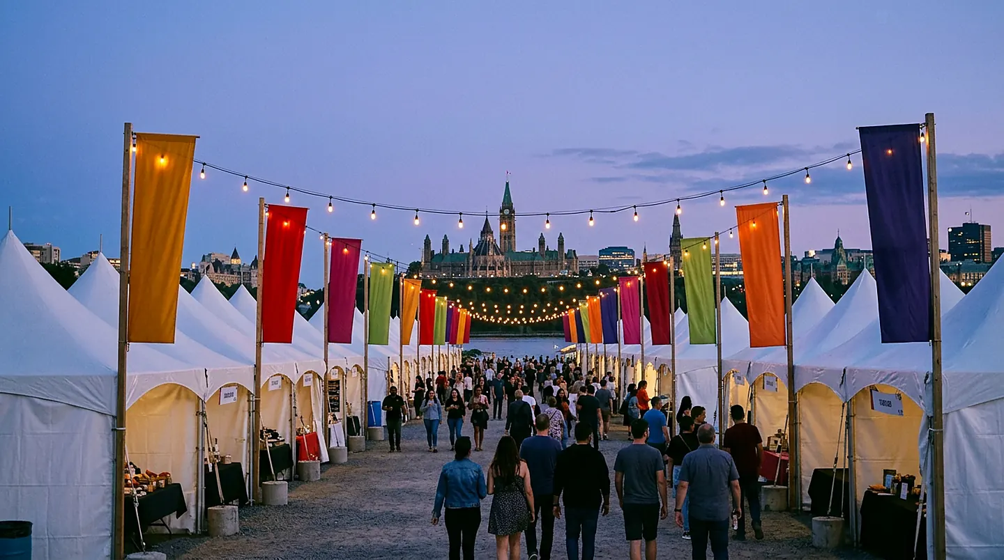 Rows of white pavilion tents running towards the lit Parliament towers at dusk, tall banners in turmeric, chilli, sumac, matcha and indigo down both sides, strings of bulbs overhead and a crowd walking away along the gravel avenue.