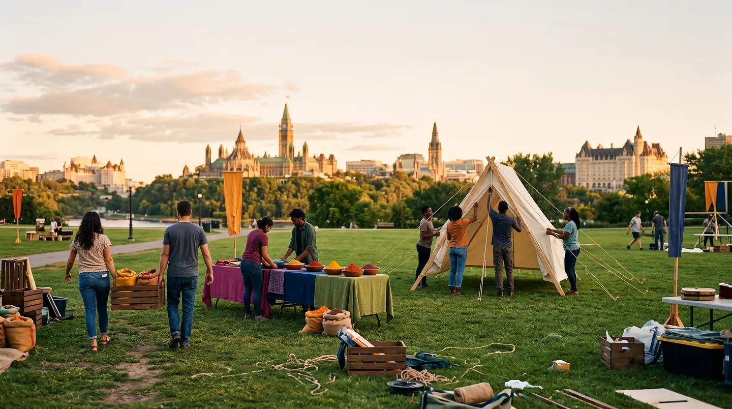 People setting up on the grass with the Parliament skyline behind them: two raising the frame of a canvas tent, others laying cloths over a trestle table stacked with painted bowls, wooden crates and coils of rope on the ground.