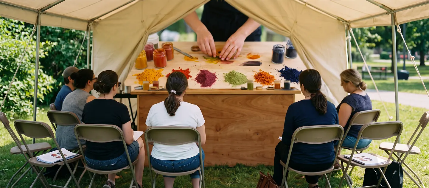 A workshop under an open canvas tent: seven people on folding chairs watching a demonstrator's hands over a bench spread with heaps of turmeric, chilli, sumac, matcha and indigo pigment and jars of dye.