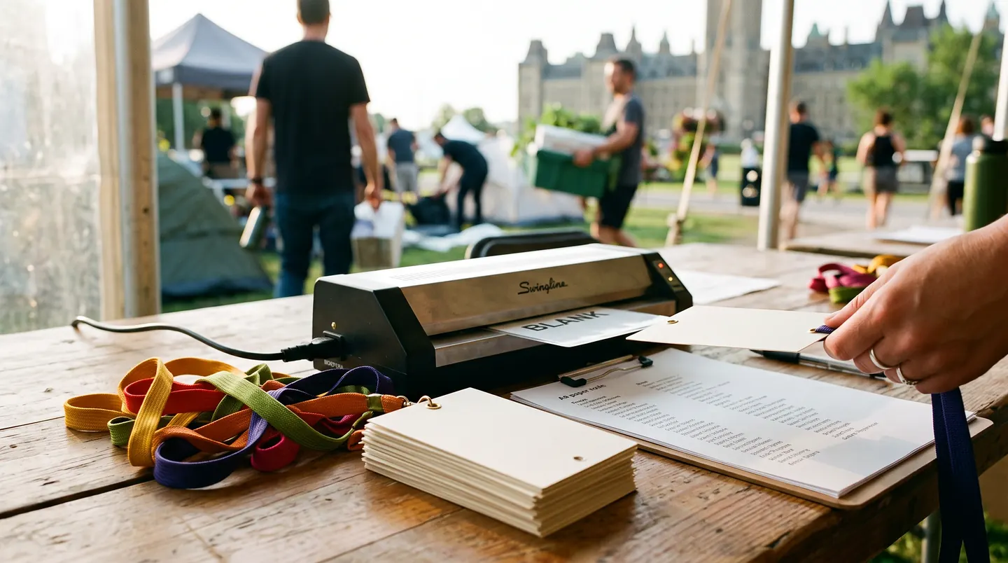 A laminating machine on a trestle table feeding a blank pass through, a stack of blank cards and a tangle of coloured lanyards beside it, a printed list on a clipboard, crew setting up on the grass beyond.