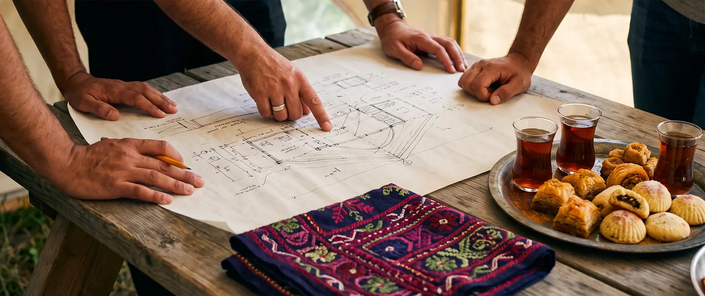 Four pairs of hands around a hand-drawn pavilion plan on a trestle table under a tent, an embroidered cloth folded at the near edge and a tray of tea glasses and pastries to the right.