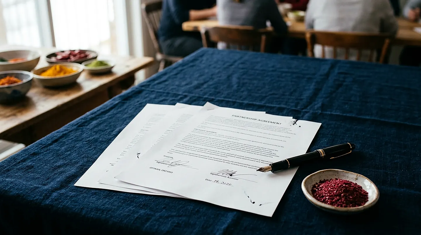 A printed multi-page agreement lying signed on a dark indigo cloth beside a fountain pen and a small dish of sumac, with bowls of ground spice on a bench in the light behind.