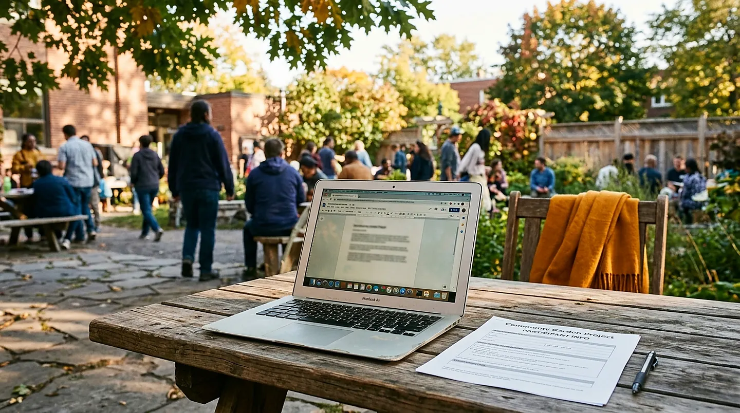 A laptop open on a picnic table in a back garden with a document on screen, a printed form and a pen beside it, and a gathering of people around benches and garden beds beyond.