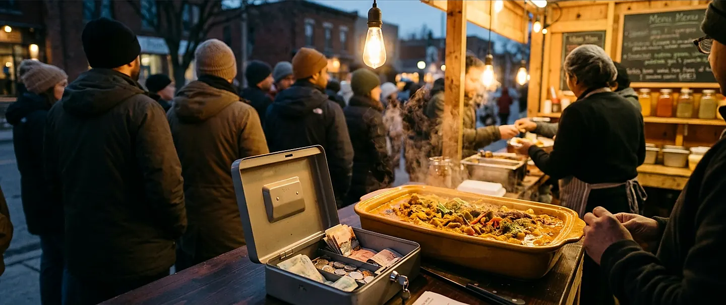 A queue in winter coats waiting at a lit food counter at dusk, a tray of cooked food steaming on the counter, an open cash box of notes and coins in the foreground and a server plating up behind.