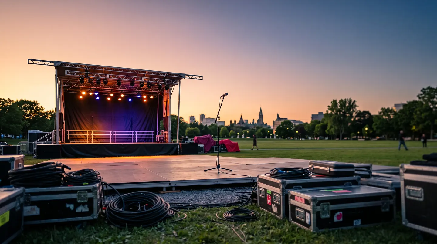 A small outdoor stage lit purple and amber at sunset with a single microphone stand at its centre, flight cases and coiled cable on the grass in front of it.