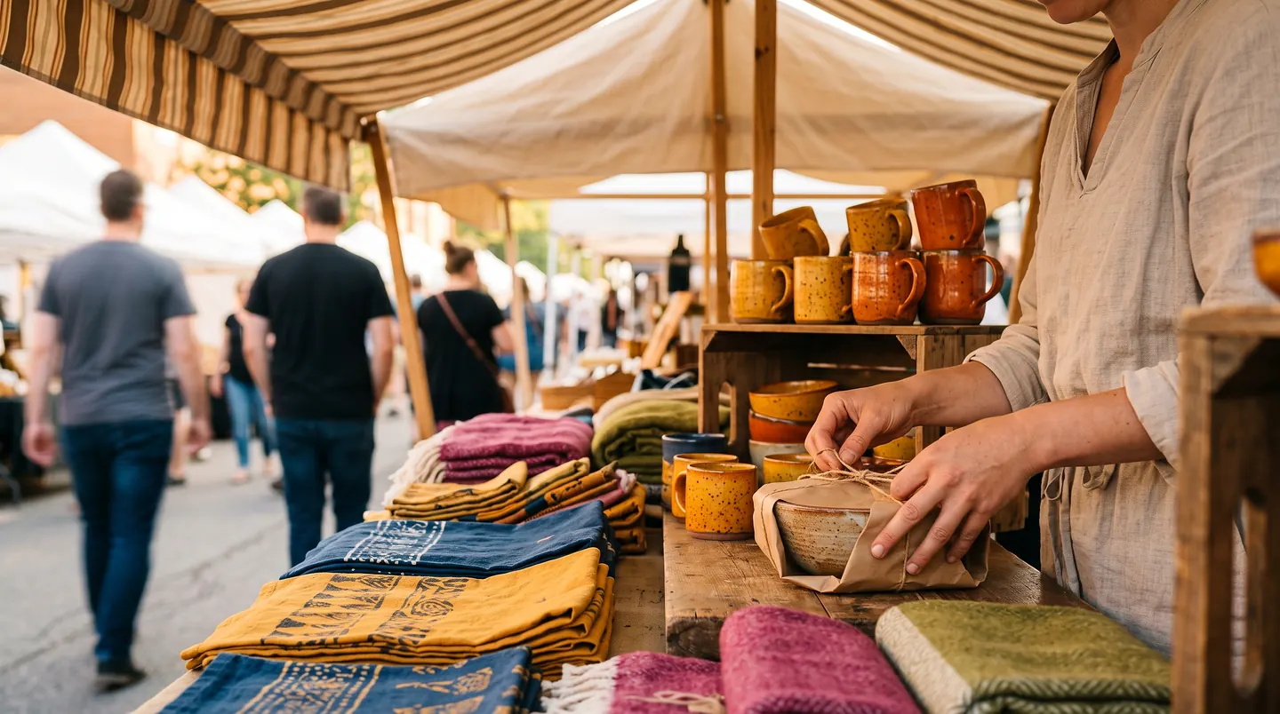 A stallholder wrapping a stoneware mug in paper at a market counter, glazed mugs stacked on crates behind, folded blankets and indigo-printed cloths along the front of the stall, shoppers passing out of focus.