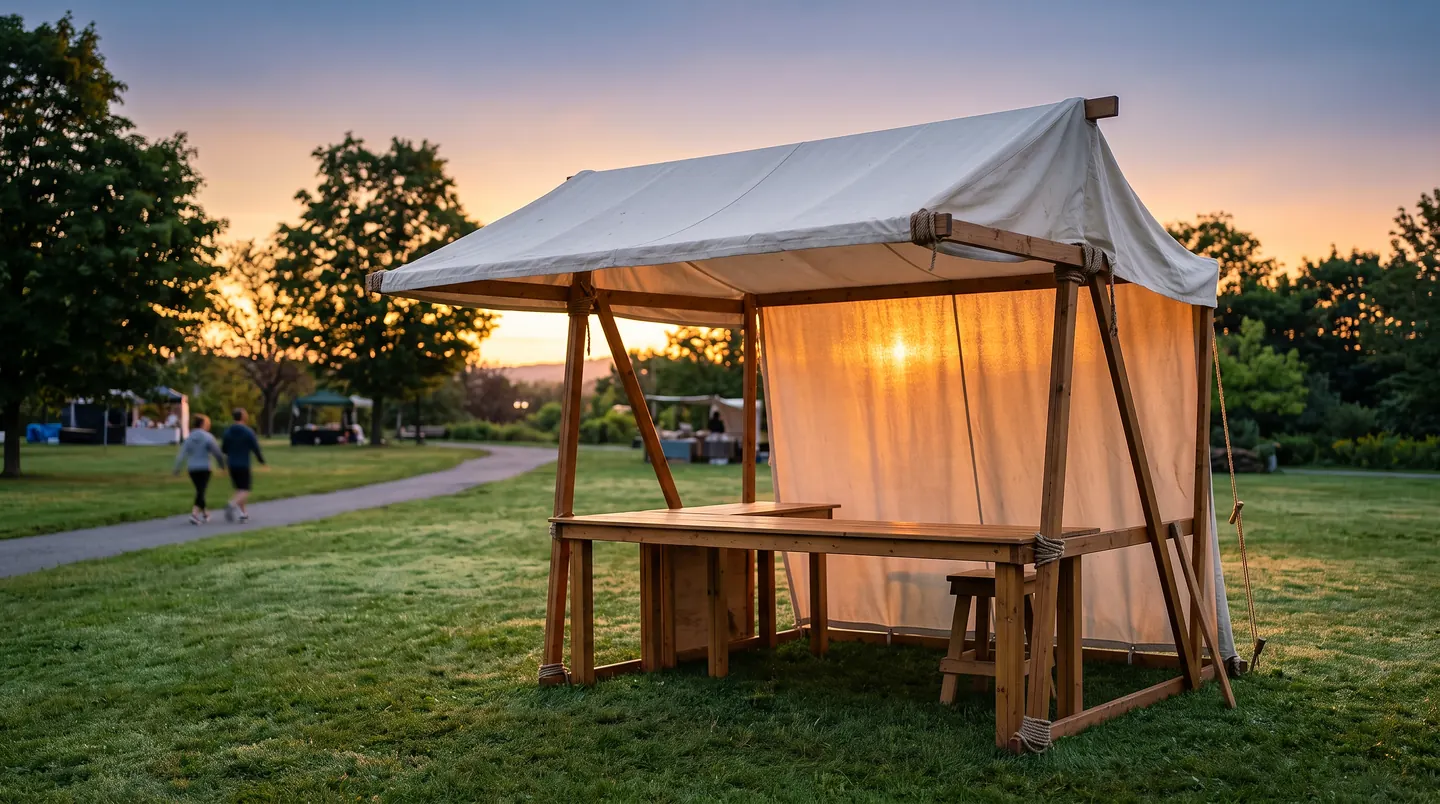 An empty wooden market stall with a canvas roof and back wall standing alone on grass at sunset, counter and bench bare, the sun burning through the fabric behind it.