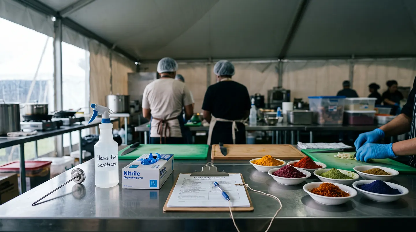 A stainless-steel prep table inside a catering tent: a sanitiser bottle, a box of disposable gloves, a clipboard holding a checklist, cutting boards and a row of white bowls of ground spice, cooks in hairnets working at the back.