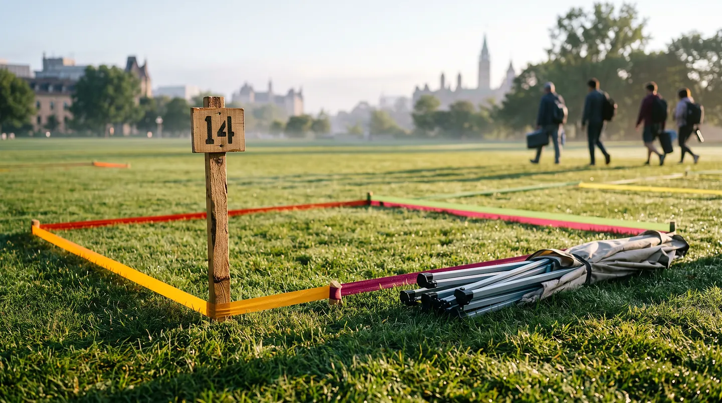 A numbered wooden stake marking a pitch on the grass, its corners taped out in yellow, red and pink, a folded tent and its poles bundled beside it, people walking away across the field towards the Parliament skyline in morning haze.