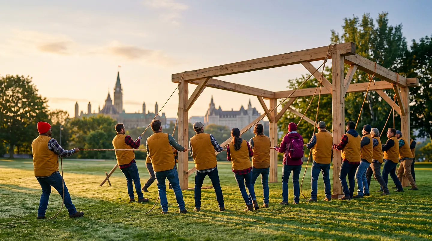 A line of people in yellow high-visibility vests hauling on ropes to raise a heavy timber frame on the grass at sunrise, the Parliament towers on the skyline behind them.