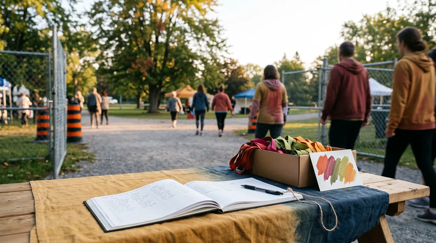 An open sign-up ledger and a pen on a trestle table draped in yellow and indigo cloth, a box of rolled coloured fabric and a painted colour card beside it, people walking in through the gate beyond.