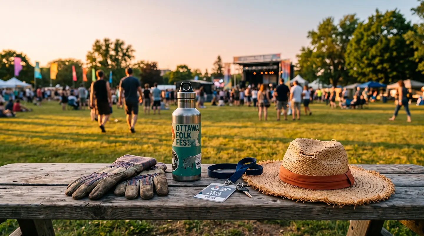 A steel water bottle, a pair of worn work gloves, a straw hat and an accreditation pass on a lanyard laid out on a picnic table, with a festival field, stage and crowd out of focus behind.