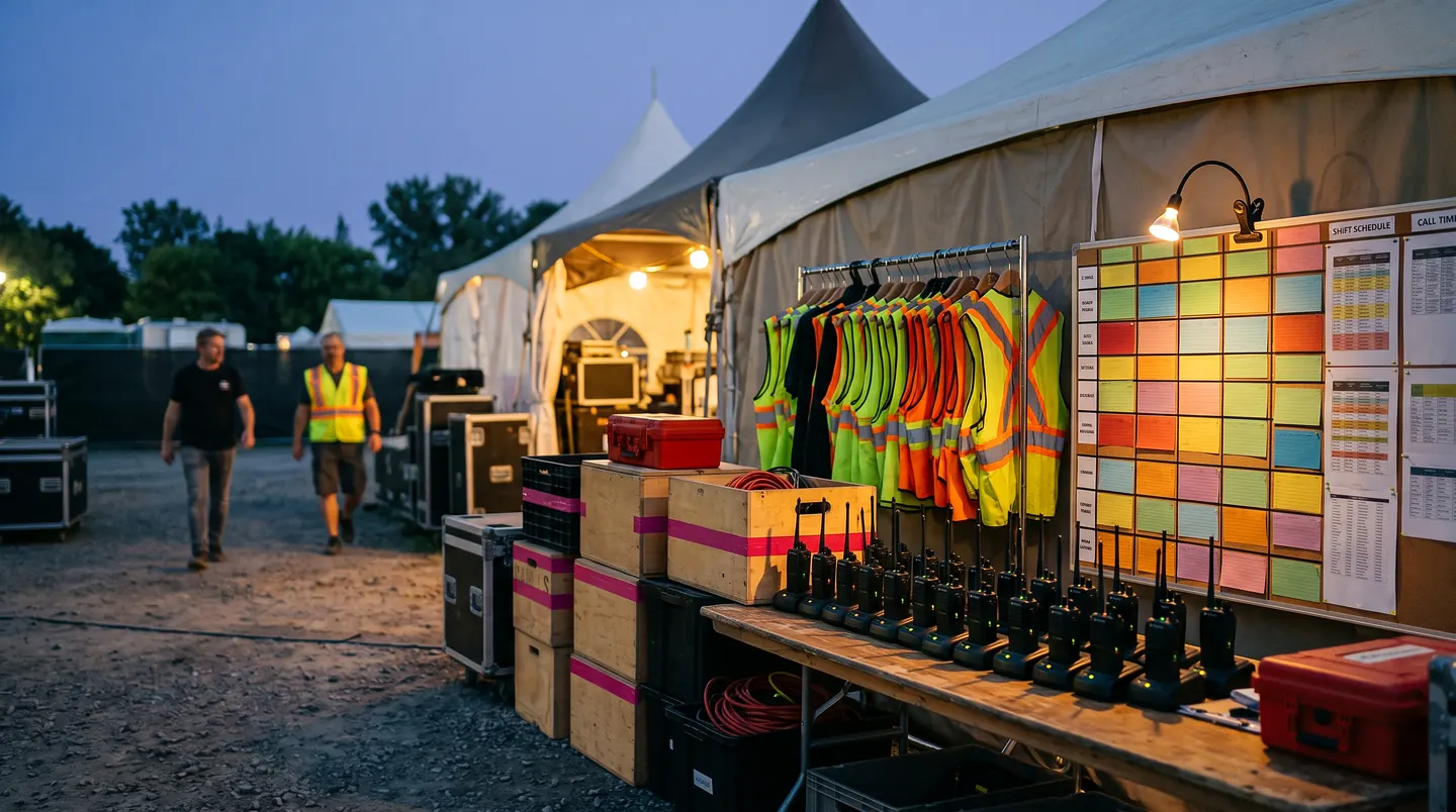 A crew tent at dusk: high-visibility vests on a rail, a bank of two-way radios charging on a table, flight cases and coiled cable stacked around, and a colour-coded shift board lit on the wall.