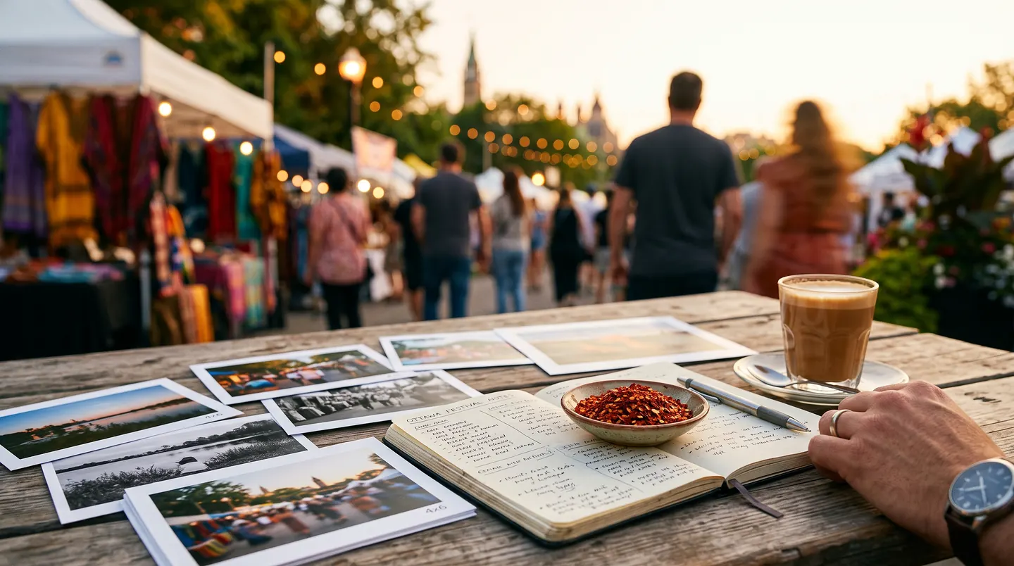 A festival market lane out of focus behind a wooden table laid with an open handwritten notebook, a spread of small printed photographs, a bowl of chilli flakes and a glass of coffee, a hand resting at the edge.