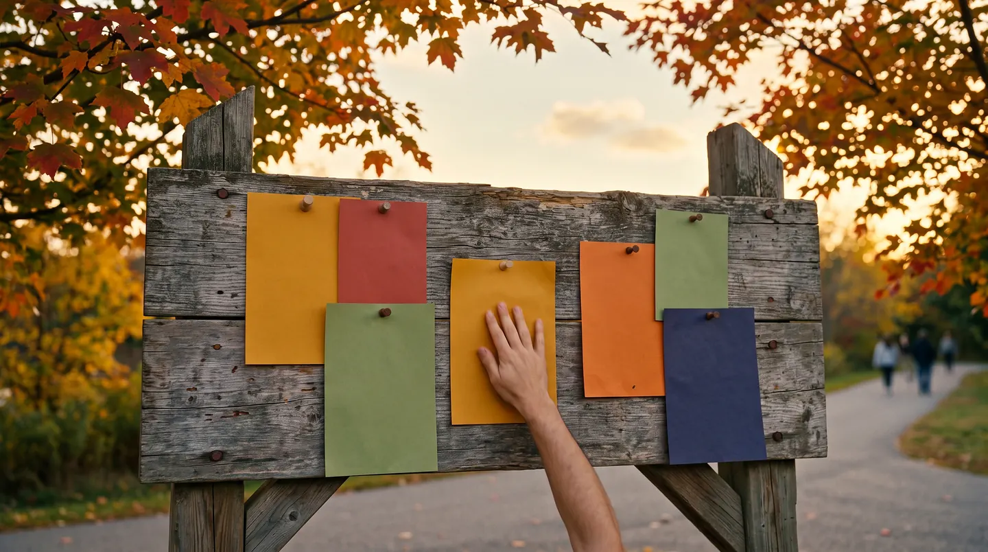 A weathered wooden noticeboard under autumn maples with seven blank sheets of coloured paper pinned to it in yellow, red, green, orange and indigo, a hand pressing one flat.