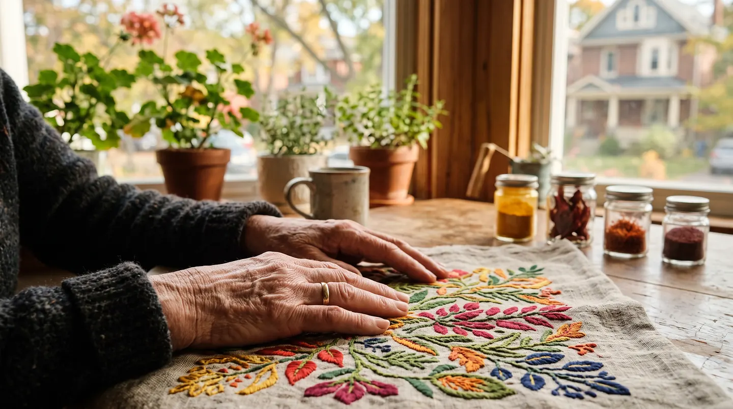 An older person's hands resting on a linen cloth embroidered in bright floral colours at a window table, geraniums and herbs in pots on the sill, small jars of turmeric, saffron and sumac behind.