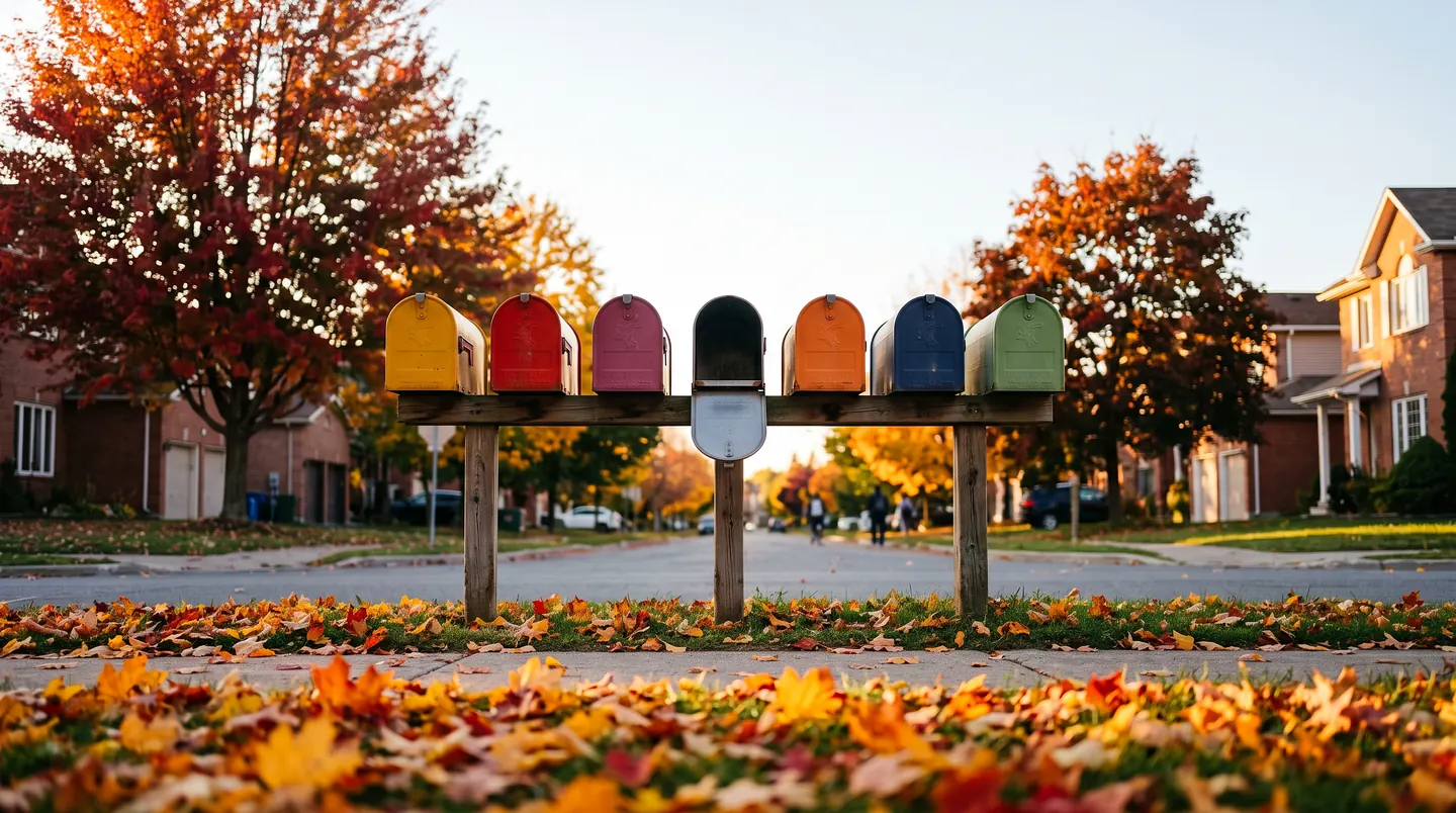 A row of seven letterboxes on a wooden rail at the kerb of a suburban street in autumn, each painted a different colour, one of them standing open, fallen maple leaves across the grass.