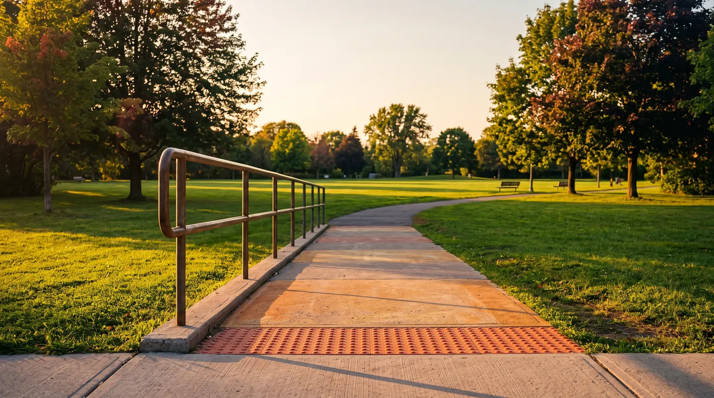 A concrete path curving through a mown park at sunset with a metal handrail along one side and a tactile warning strip across the entrance, benches and trees in the low light beyond.
